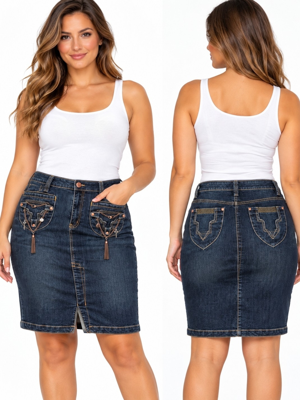 Vintage Y2K Jeanstar Dark Blue Denim Pencil Skirt with Embroidered Pockets
